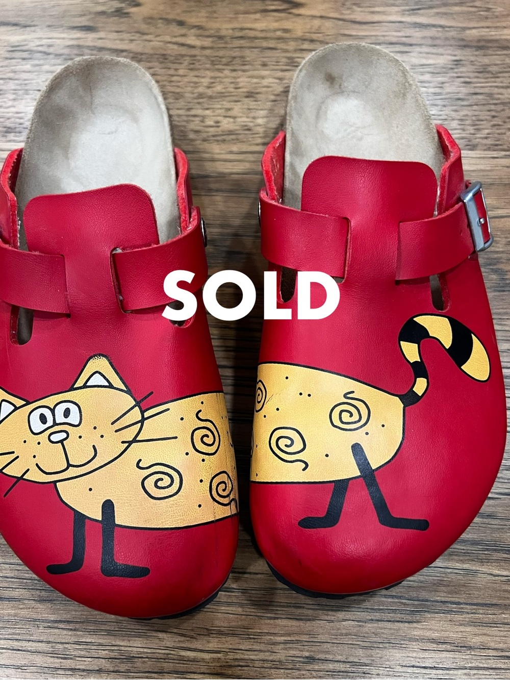 Birkenstock Red Leather Clogs with Yellow Cat Graphic
